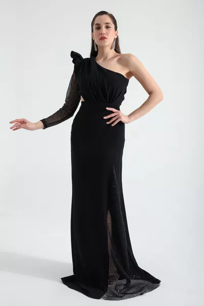 Nero One Shoulder Stripe Lace Detailed Abito da sera lungo da donna