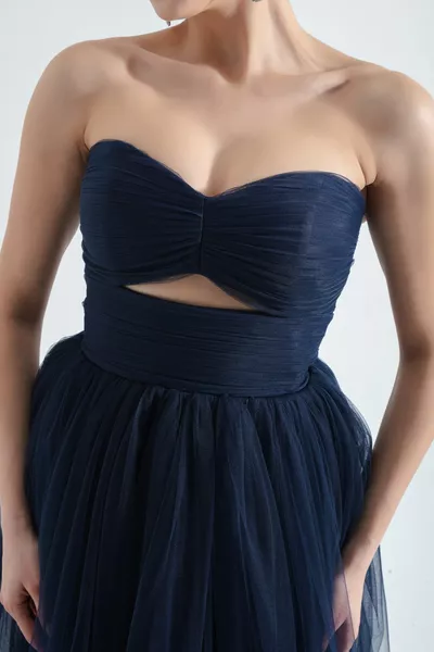 Women's Navy Blue Strapless Tulle Evening Dress