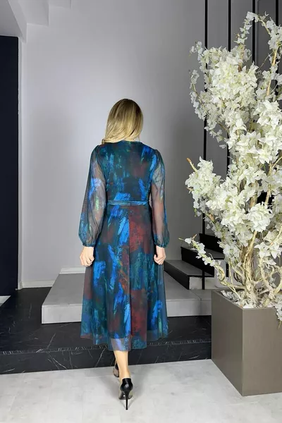  Belted Tulle Dress Blue