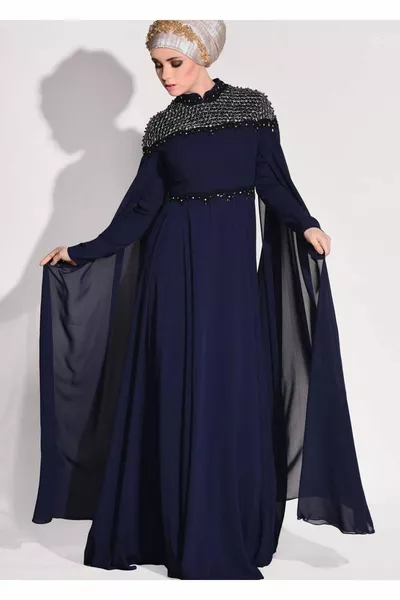 Жените тъмносин съдия яка мъниста шифон вечерна рокля 