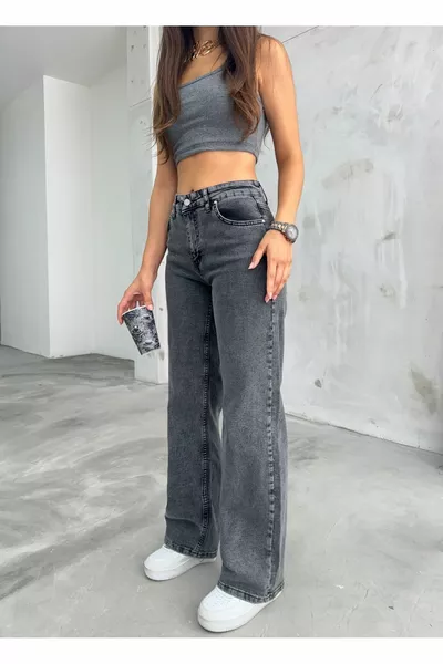 Jeans Palazzo a vita alta con lavaggio a neve fumé da donna