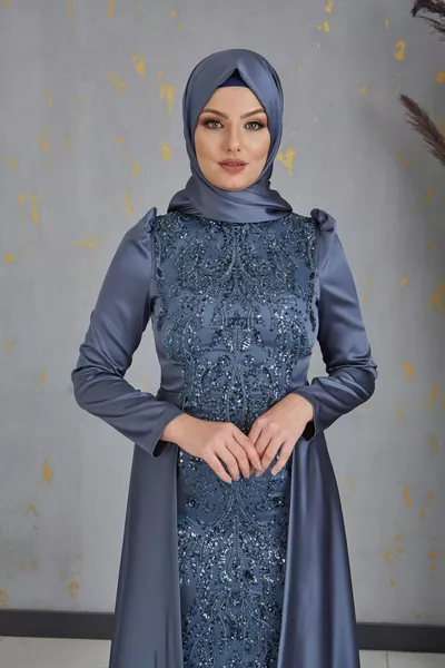 Tailed Drop Hijab Evening Dress Anthracite