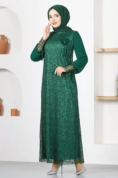 Fishnet Sequin Rose Hijab Evening Dress 