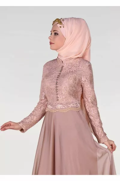 Women's Powder Judge Collar Button Detailed Evening Dress 