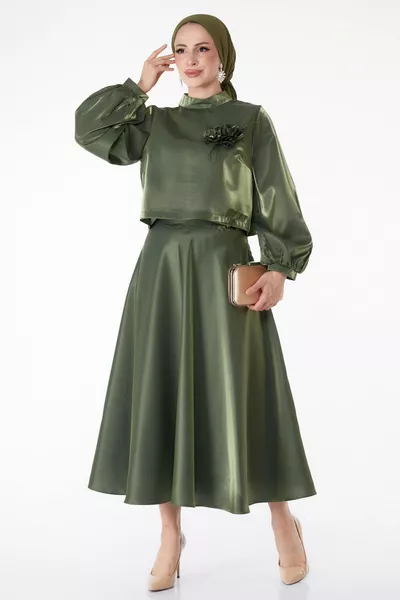 Straight Judge Collar Women's Khaki Satin Evening Dress - 
