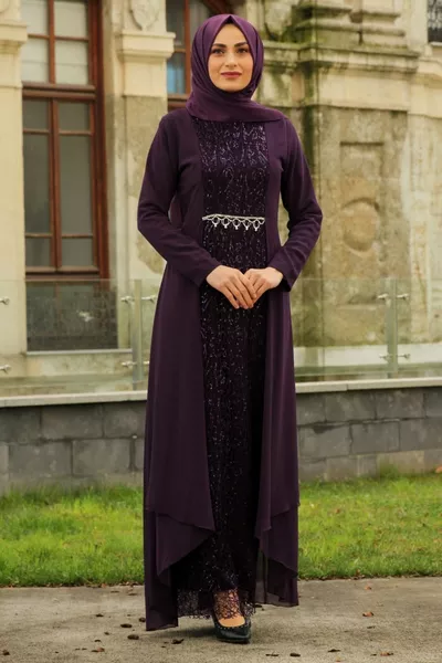 Abito da sera hijab con paillettes - viola