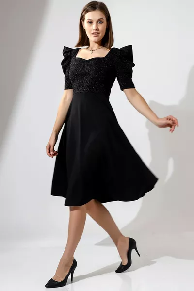 Glitter Top High Shoulder Detailed Midi Dress