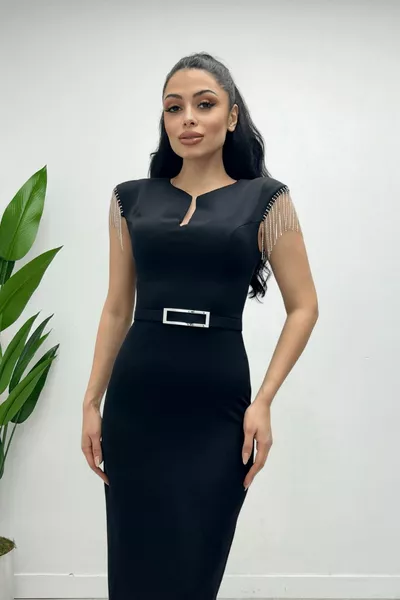 Atlas Stoff Schulter Stein Quaste Kleid - Schwarz