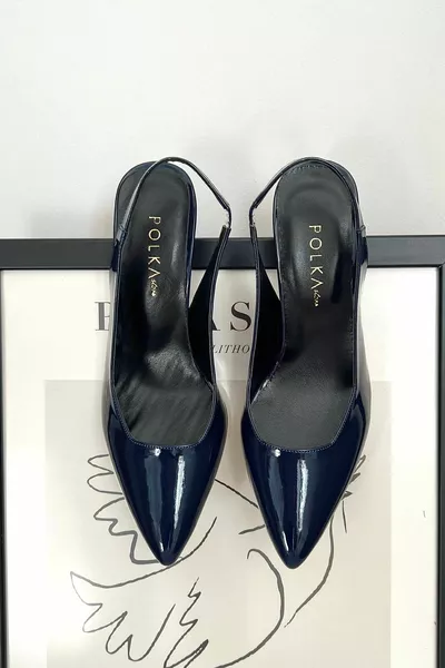 شرارة براءات الاختراع الجلود الأزرق الداكن وأشار اصبع القدم الظهر فتح الخنجر مساء الكعب أحذية نسائية