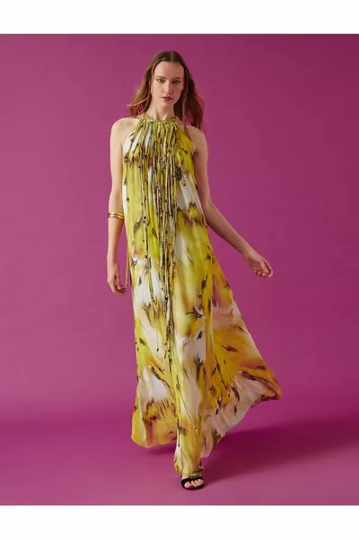 Halter Collar Tassel Detailed Patterned Dress