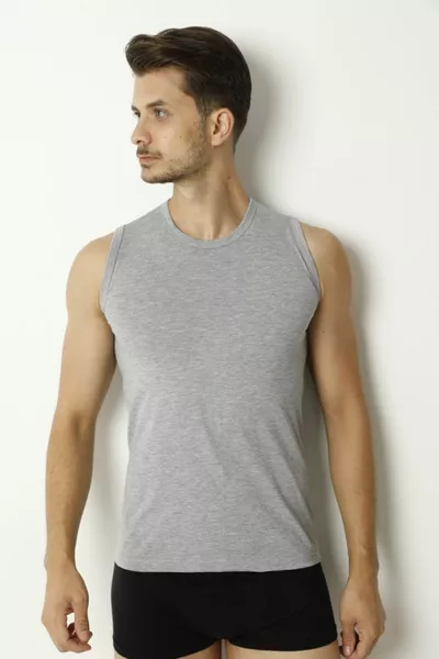 تي شيرت رجالي بدون أكمام وياقة على شكل O باللون الرمادي، ٪ قطن، ٪ بوليستر، قطن 