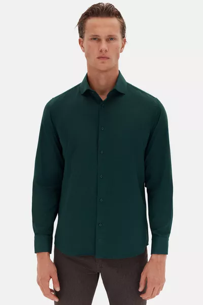 Ds Damat Slim Fit тъмнозелен Италианска яка с дълги ръкави, лесен за гладене, дишащ четирислой