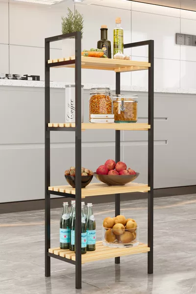 رف مطبخ وحمام متعدد الاستخدامات منظم الأرفف، رف خشبي، خزانة أحذية معدنية بأربعة مستويات