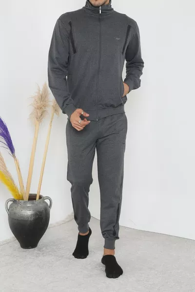 طقم رياضي رجالي بسحاب ولون رمادي داكن