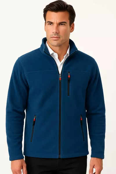 جاكيت بأزرار كاملة برقبة باتو للجنسين، باللون النيلي.