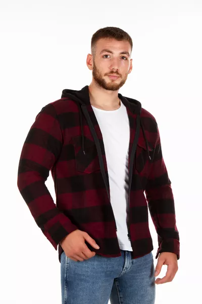 Мъжка/Дамска карирана риза с качулка и цип в бордо и черно