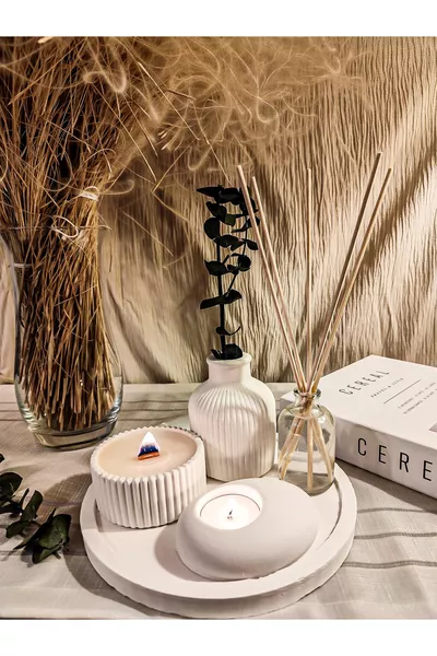 Ensemble décoratif de 5 pièces Bougie Vase rayé Bougeoir tealight et Parfum d'ambiance