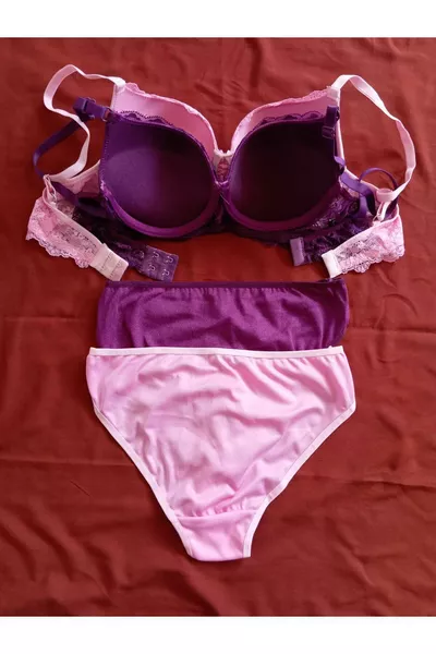 طقم حمالات صدر نسائي مكون من قطعتين بتطريز دانتيل ودعامة، باللونين الوردي والبنفسجي