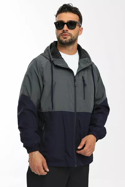 Herren Regenjacke/Windjacke mit Kapuze, zwei Farbtönen Anthrazit-Blau und gefüttert mit Taschen