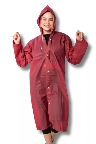 Impermeabile da donna e uomo con cappuccio, chiusura a scatto, Eva bordeaux 