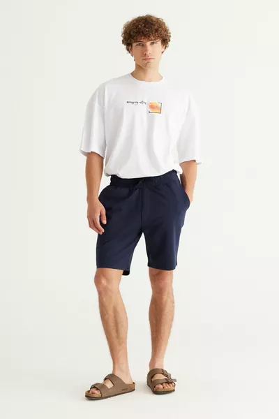 Short en coton tricoté avec poches pour hommes, coupe normale, couleur bleu marine