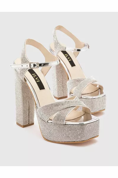 جمانة صنادل نسائية جلد طبيعي من الحجر الفضي بكعب فضي