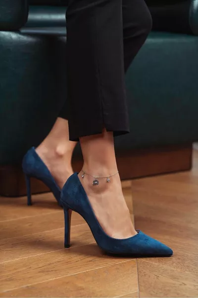 Vanessa Navy велур със заострен пръст дамски стилет