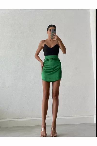 Women's Green Pliers Mini Satin Skirt