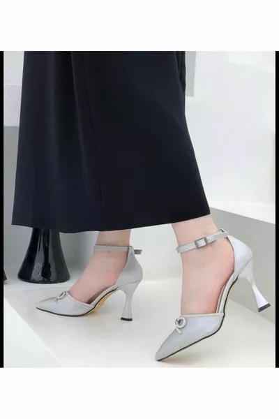 Women's Stone Bow Silver Satin Heels