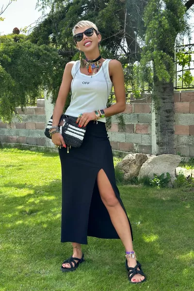 مضلع عالية الخصر الجانب شق ميدي طول تنورة الصيف كاميسول تنورة