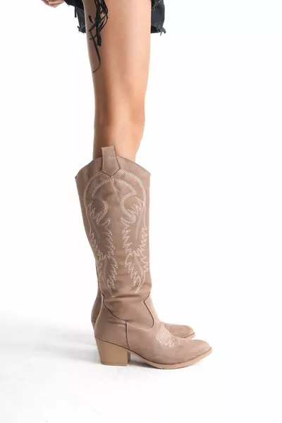 المنك من جلد الغزال مطرزة بسحاب الغربية رعاة البقر المرأة أحذية الركبة الطويلة