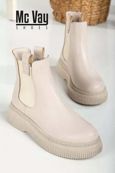 Chelsea Bej Cilt Lastikli Detaylı Şık Kadın Bootie