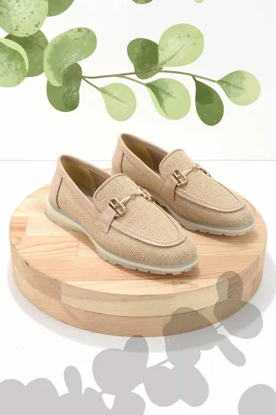 Beige Wicker Women's Loafer Shoes 