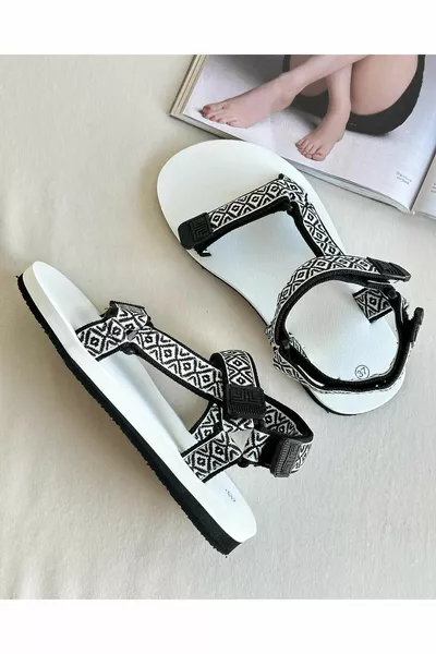 Evalo Very Light Eva Sole Velcro Textile Sandals - Black & White