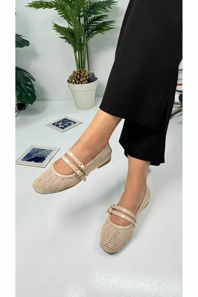 Casual Femmes Beige Ballerines Maille Double Sangle Boucle Bout Ovale Dentelé Semelle Talons Courts 