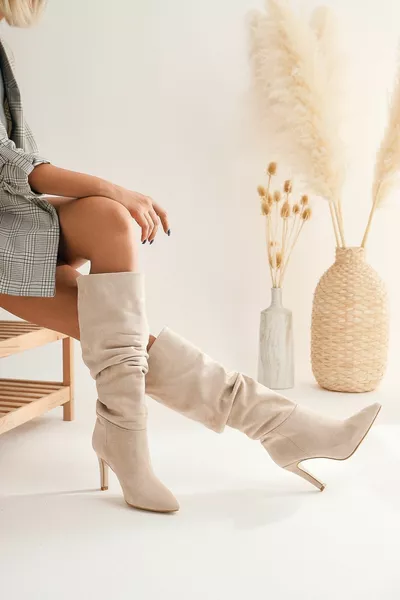 Rimaz الجلد من جلد الغزال منفاخ كعب طويل مدبب أحذية Riden