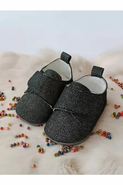 Chaussures de bébé en cuir véritable velcro noir argenté