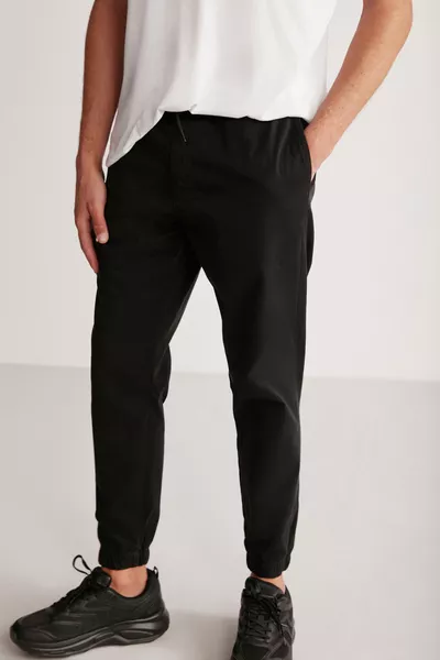 Jakob Men's Woven Washed Black Pants with 4 Pockets, Thick Texture, and Elastic Hem