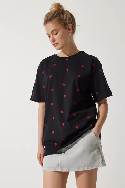 Women's Black Heart % Cotton Oversized Long Knit T-Shirt 