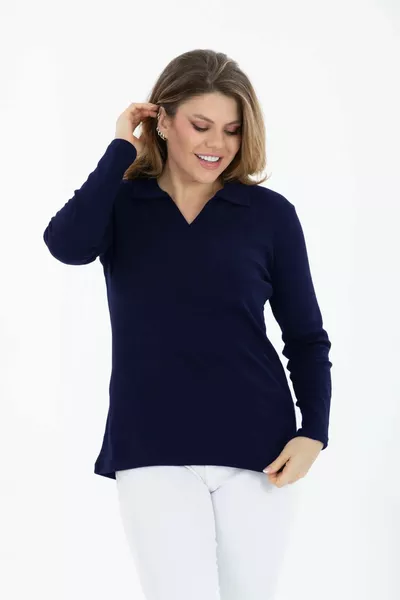 Curve Plus Size Cotton Stretch V-Neck Basic Plain Long Sleeve Navy Blouse
