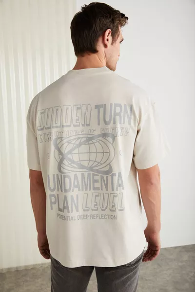 Apolo Men's Oversized Short Sleeve T-Shirt with Back Print Detail, % Organic Cotton Knit, Stone Color