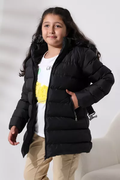 معطف بنات TALS MODA أسود مع حزام وتبطين فليس