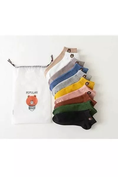 مجموعة جوارب قصيرة على الكاحل بنقشة رأس دب كرتوني ملون، 6 أزواج