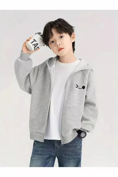 Хлопковая детская кофта с застежкой-молнией и рисунком лица - серый, с принтом, для девочек и мальчиков, зимняя с капюшоном