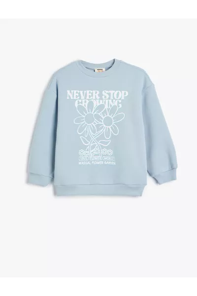 سويت شيرت بطبعة أزهار بأكمام طويلة وياقة دائرية مبطن