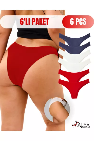 Женские разноцветные бразильские хлопковые трусы - темно-синий, красный, экрю (S, M, L, XL, 2XL) - 6 штук