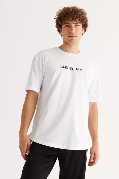 Men's White Oversized Fit % Cotton Loose Crew Neck Amsterdam Printed T-Shirt