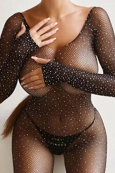 Women's Fishnet Bodystocking with Diamond Stones Shiny Fantasy Nightwear