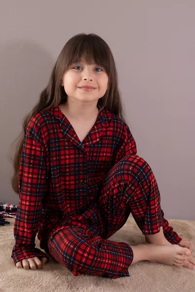 Red Plaid Buttoned Girls' Pajama Set 