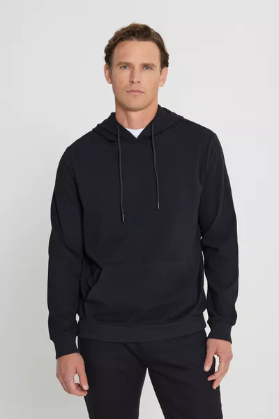 Men's Black 2-Ply Warm Standard Fit Regular Cut Hooded Textured Pocket Sweatshirt